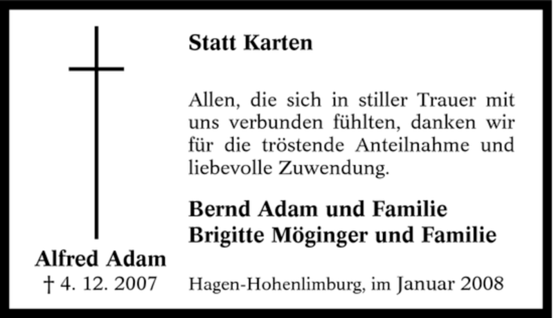  Traueranzeige für Alfred Adam vom 12.01.2008 aus Tageszeitung