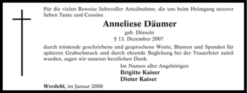 Traueranzeige von Anneliese Däumer von Tageszeitung