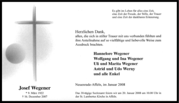 Traueranzeige von Josef Wegener von Tageszeitung