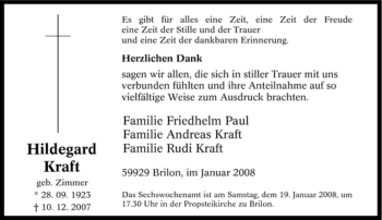 Traueranzeige von Hildegard Kraft von Tageszeitung