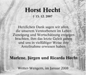 Traueranzeige von Horst Hecht von Tageszeitung