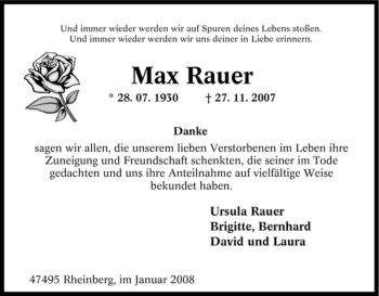 Traueranzeige von Max Rauer von Tageszeitung