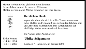 Traueranzeige von Erika Kemna von Tageszeitung
