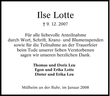Traueranzeige von Ilse Lotte von Tageszeitung