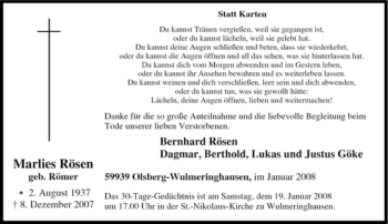 Traueranzeige von Marlies Rösen von Tageszeitung