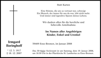 Traueranzeige von Irmgard Beringhoff von Tageszeitung