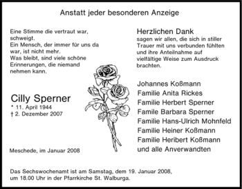 Traueranzeige von Cilly Sperner von Tageszeitung