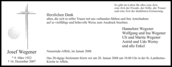 Traueranzeige von Josef Wegener von Tageszeitung