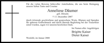 Traueranzeige von Anneliese Däumer von Tageszeitung