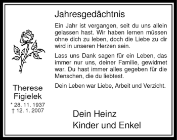 Traueranzeige von Therese Figielek von Tageszeitung