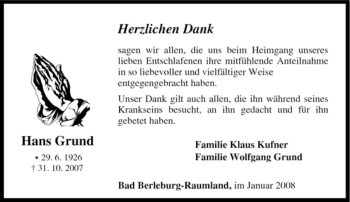 Traueranzeige von Hans Grund von Tageszeitung