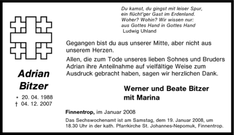  Traueranzeige für Adrian Bitzer vom 14.01.2008 aus Tageszeitung