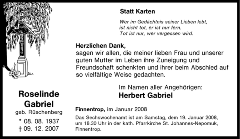  Traueranzeige für Roselinde Gabriel vom 14.01.2008 aus Tageszeitung