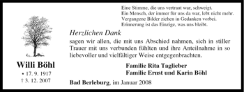 Traueranzeige von Willi Böhl von Tageszeitung