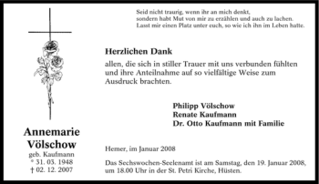Traueranzeige von Annemarie Völschow von Tageszeitung