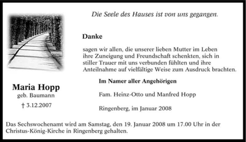  Traueranzeige für Maria Hopp vom 15.01.2008 aus Tageszeitung