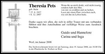 Traueranzeige von Theresia Pets von WESTDEUTSCHE ALLGEMEINE ZEITUNG