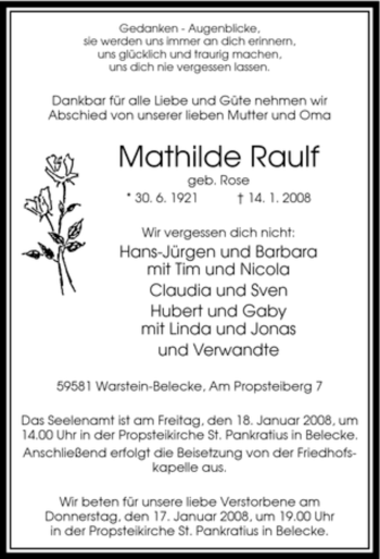 Traueranzeige von Mathilde Raulf von Tageszeitung