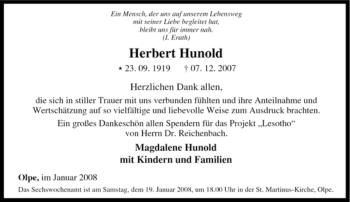 Traueranzeige von Herbert Hunold von Tageszeitung