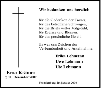 Traueranzeige von Erna Krämer von Tageszeitung