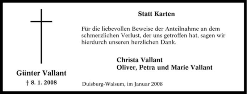  Traueranzeige für Günter Vallant vom 17.01.2008 aus Tageszeitung
