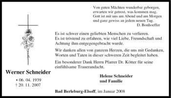 Traueranzeige von Werner Schneider von Tageszeitung