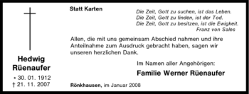 Traueranzeige von Hedwig Rüenaufer von Tageszeitung