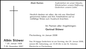 Traueranzeige von Albin Stöwer von Tageszeitung