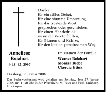 Traueranzeige von Anneliese Beichert von Tageszeitung