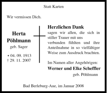 Traueranzeige von Herta Pöhlmann von Tageszeitung