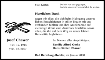 Traueranzeige von Josef Chawer von Tageszeitung