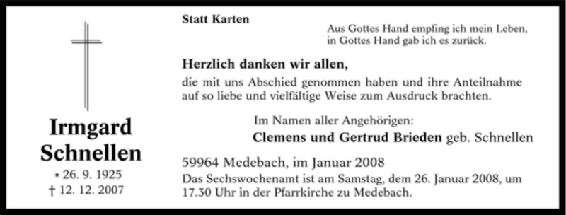  Traueranzeige für Irmgard Schnellen vom 19.01.2008 aus Tageszeitung