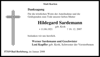 Traueranzeige von Hildegard Sardemann von Tageszeitung