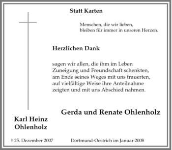 Traueranzeige von Karl Heinz Ohlenholz von Tageszeitung