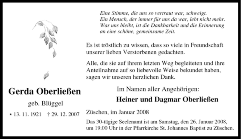  Traueranzeige für Gerda Oberließen vom 19.01.2008 aus Tageszeitung