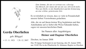Traueranzeige von Gerda Oberließen von Tageszeitung