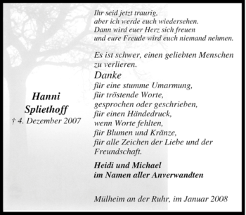 Traueranzeige von Hanni Spliethoff von Tageszeitung