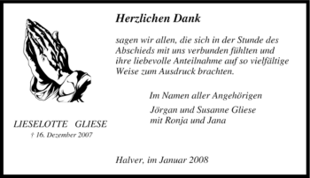 Traueranzeige von Lieselotte Gliese von Tageszeitung