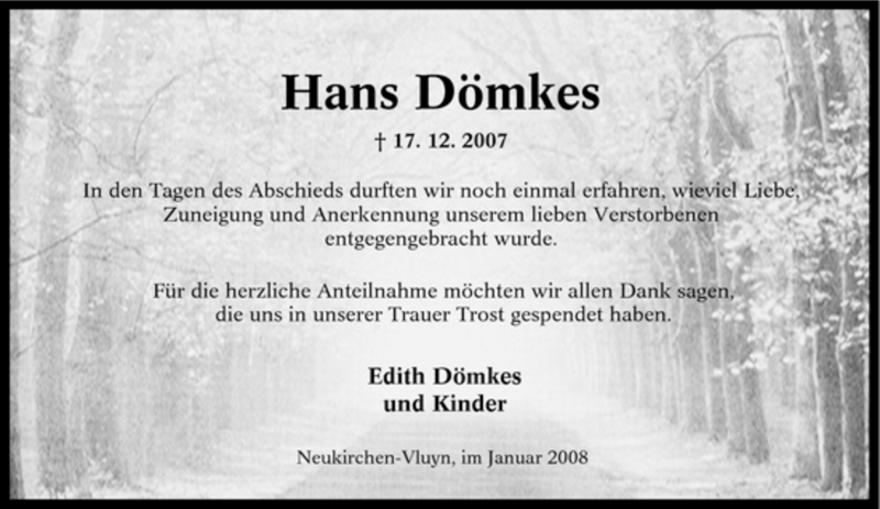  Traueranzeige für Hans Dömkes vom 19.01.2008 aus Tageszeitung