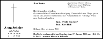 Traueranzeige von Anna Schnier von Tageszeitung