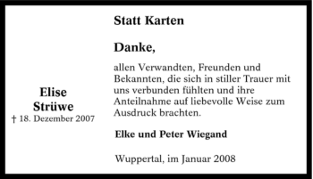 Traueranzeige von Elise Strüwe von Tageszeitung