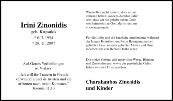 Traueranzeige von Irini Zinonidis von Tageszeitung