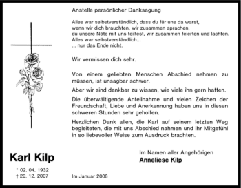 Traueranzeige von Karl Kilp von Tageszeitung