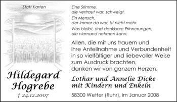 Traueranzeige von Hildegard Hogrebe von Tageszeitung