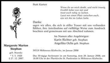 Traueranzeige von Margarete Marion Stephan von Tageszeitung
