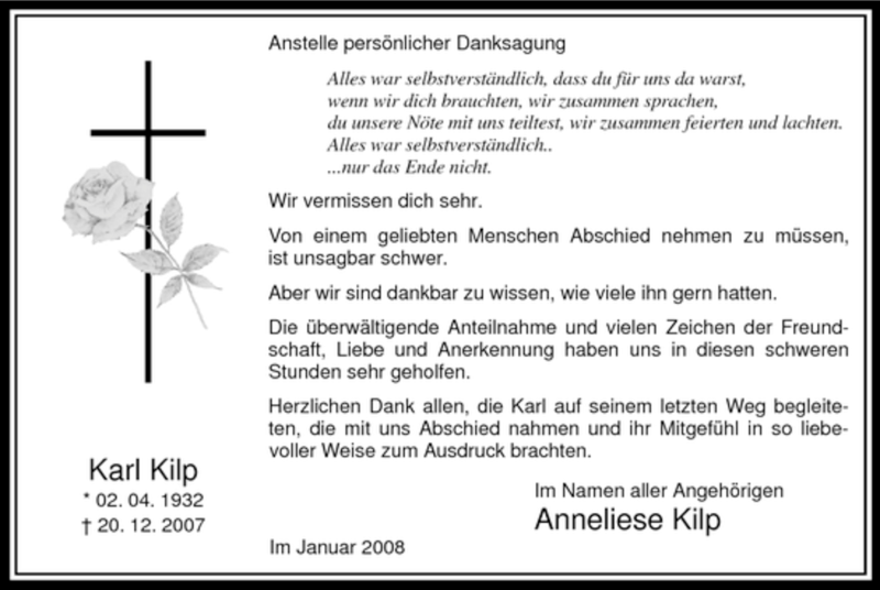  Traueranzeige für Karl Kilp vom 19.01.2008 aus Tageszeitung