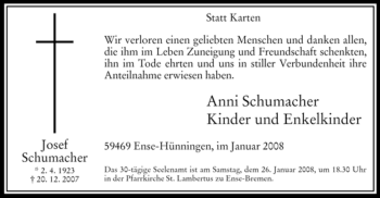 Traueranzeige von Josef Schumacher von Tageszeitung