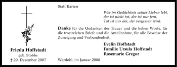 Traueranzeige von Frieda Hoffstadt von Tageszeitung