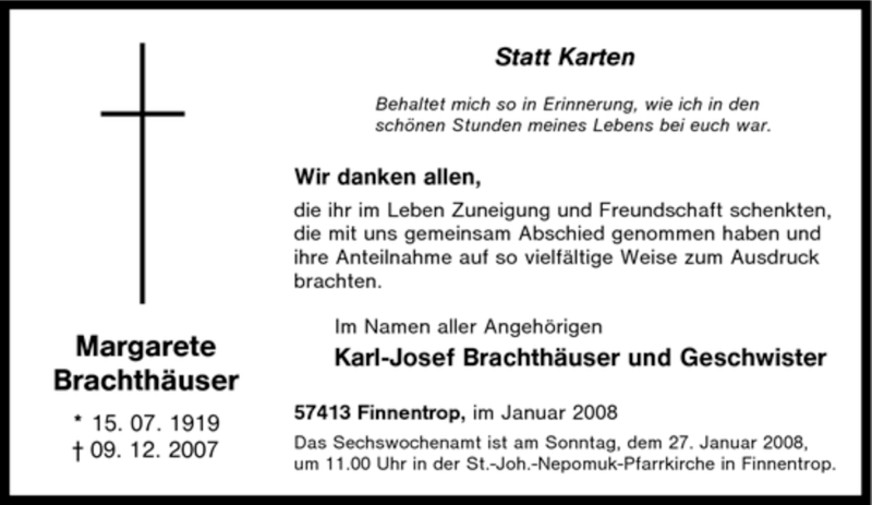  Traueranzeige für Margarete Brachthäuser vom 23.01.2008 aus Tageszeitung