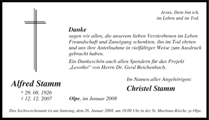  Traueranzeige für Alfred Stamm vom 23.01.2008 aus Tageszeitung